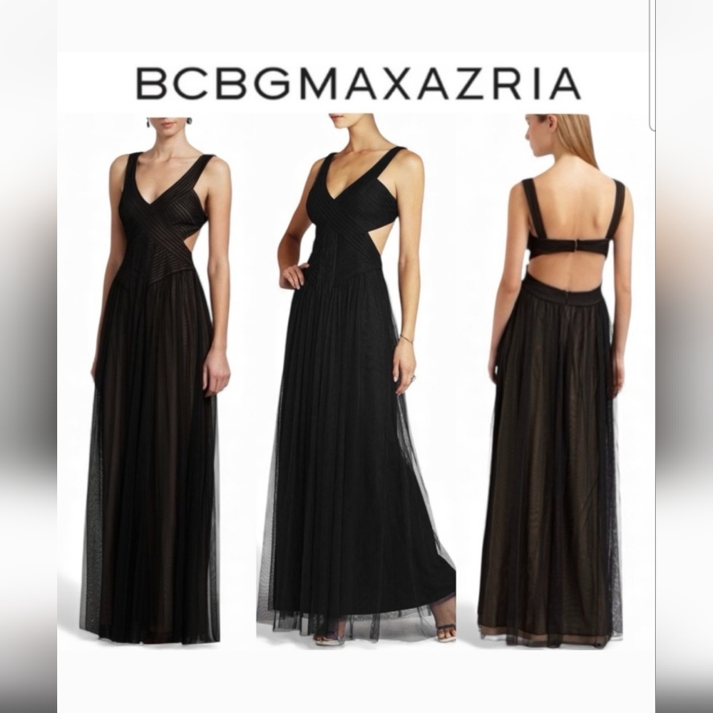 BCBG MAXAZRIA BLACK MARA BANDAGE TULLE V NECK OPEN BACK MAXI DRESS